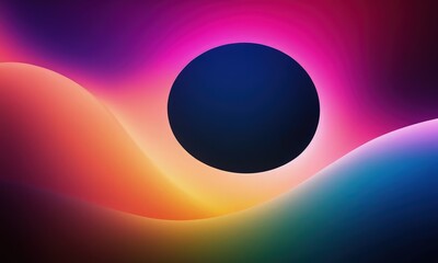 Rounded waves of multicolored gradient with a bright colored round spot of light. Dark Synthwave colors.