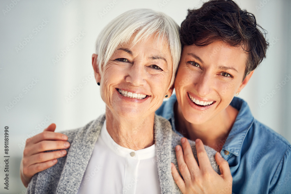 Sticker Senior woman, child and portrait in house with hug for family, love and support for retirement. Female people, happiness and together in home with care or kindness, mom with daughter for relax