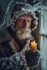 Elderly man stands in snowy interior room holding lit candle, partially obscured by frosty window. Frost covers his fur coat and hat, casting a winter wonderland ambiance.