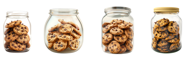 Collection of chocolate chip cookies in a glass jar isolated on transparent background