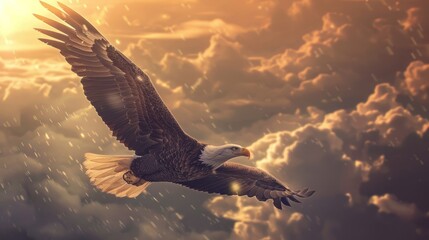 Eagle flying in the clouds at sunset