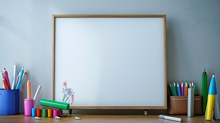A realistic photo of a whiteboard with colorful markers and an eraser.