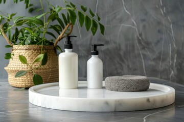 Marble white round podium for bathing products in bathroom, spa shampoo, shower gel, liquid soap. Place, background for cosmetics. Front view. Copy space - generative ai