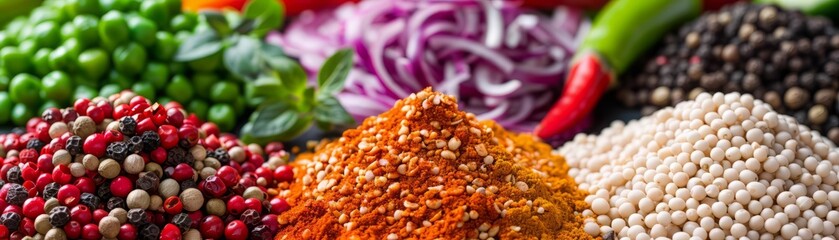 A vibrant selection of spices, herbs, and grains.