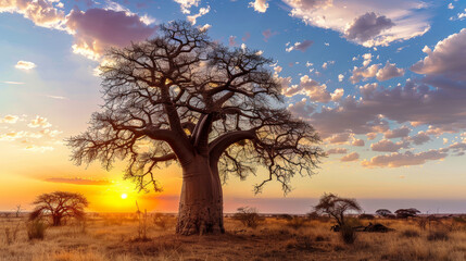 Obraz premium Solitary Baobab at Sunset. Generative AI