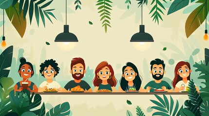 Naklejka premium vector, illustration, flat, Group of friends having meeting in pizzeria, flat vector illustration on white background. Men and women cartoon characters eat pizza and communicating in cafe