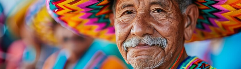 Close-up portrait of a smiling man wearing a colorful hat.
