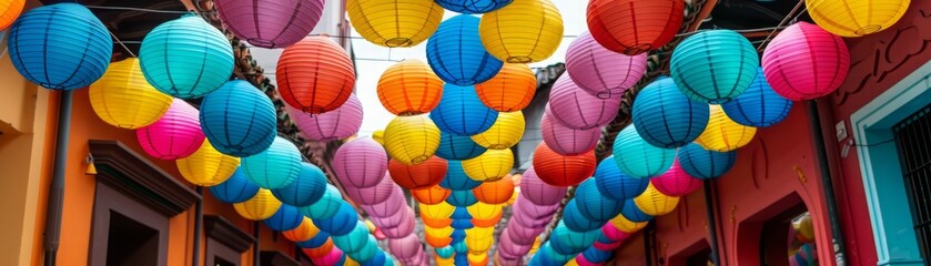 Colorful lanterns hanging above a street.