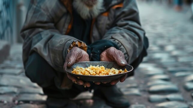 Giving food to beggar men on the street