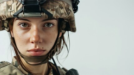 Obraz premium Female soldier standing in full uniform on white background