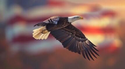 Fototapeta premium Eagle flying with american flag background