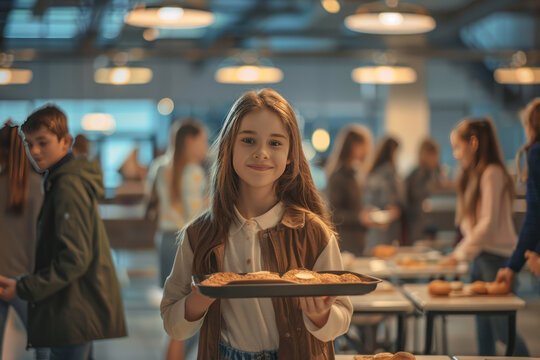 A young girl stands in a school cafeteria holding a tray of freshly baked cookies, smiling confidently