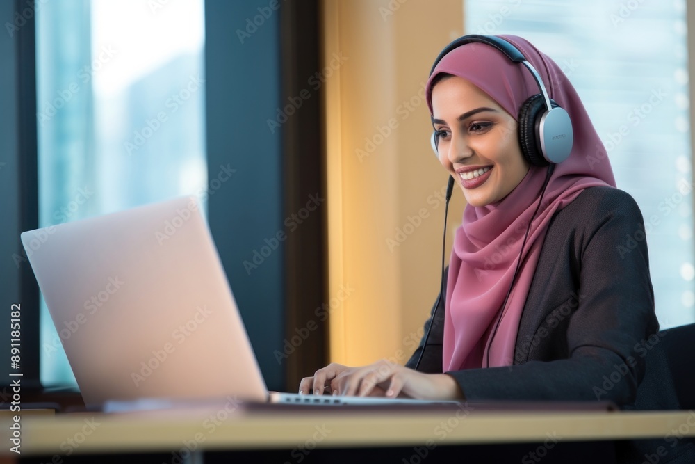 Poster Qatari woman working at call center laptop headphones computer.