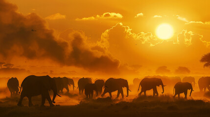 Fototapeta premium Golden Sunset Over Migrating Elephants. Generative AI