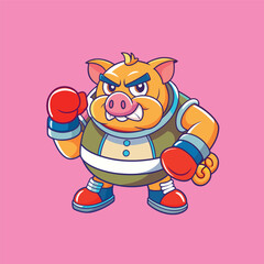 Fight Pig mascot character logo design vector illustration
