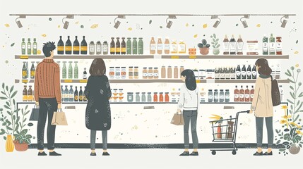 vector, illustration, flat, Family shopping. A vector illustration of people in a store shopping, handwritten drawings in the supermarket and in the mall