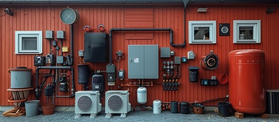 Complex System of Piping and Equipment on a Red Wall