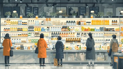 Obraz premium vector, illustration, flat, Family shopping. A vector illustration of people in a store shopping, handwritten drawings in the supermarket and in the mall