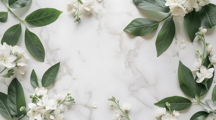 White Flowers and Green Leaves on Marble Background. Blank space for text, and copy-paste. The Template is ready to use. This design is suitable for greeting and invitation cards.