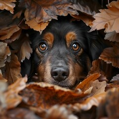 A dog's face peeking through autumn leaves, with its expressive eyes capturing attention amidst the warm, earthy colors.