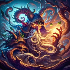 Enigmatic wizard with glowing eyes in an ethereal forest, surrounded by mystical, swirling magical elements