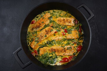 Salmon Fillet with spinach and cherry tomatoes in creamy sauce