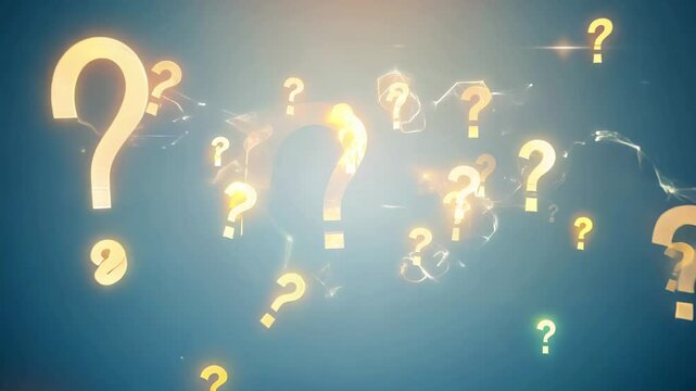 A blue background with many questions marks in yellow glow