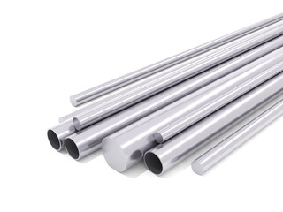 Steel pipes, Rolled metal products. Steel profiles and tubes. stainless steel. on white background. 3D Rendering.