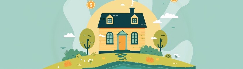 Cheerful illustration of a charming yellow house in a picturesque setting with trees and a pond, exuding warmth and tranquility.