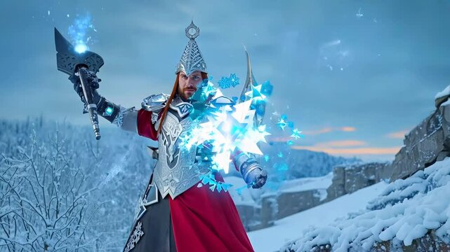 Ice mage in ornate armor casting a powerful ice spell in a snowy mountain setting.