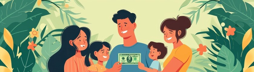 Fototapeta premium Happy family holding framed picture, surrounded by lush greenery. Smiling parents, children, and vibrant nature scene depicted in illustration.