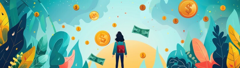 Illustration of a person standing and looking at floating money and coins amid vibrant foliage, symbolizing wealth and prosperity.