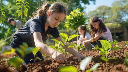 A teacher and students planting trees as part of an environmental science project.