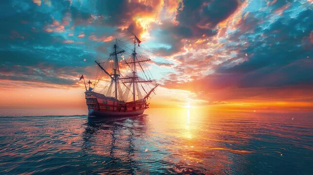 Galleon Ship Sailing Across the Ocean at Sunset with Warm Glowing Skies
  Seamless looping 4k time-lapse virtual video animation Generated AI