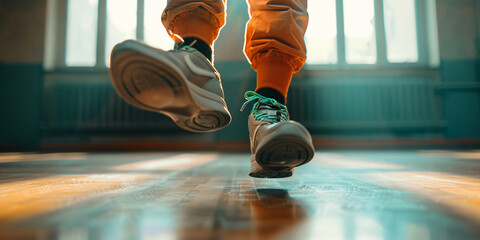 A low angle shot of a dancer's feet mid-leap, showcasing the energy and motion of their movement.