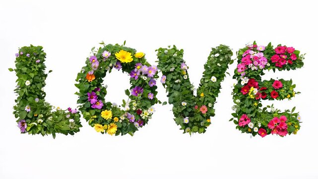 The inscription love from flower arrangements on a white background. Concept: wedding invitations, romantic cards, floristry and event decorations