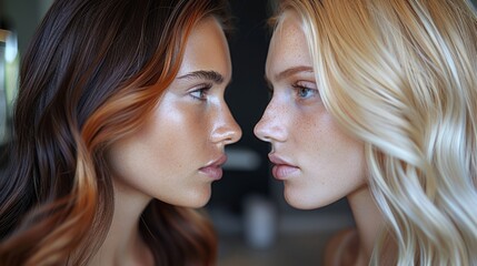 Fototapeta premium Two women with contrasting hair colors, one with blonde and the other with brown hair, look at each other intensely. They are both close-up and their expressions are unreadable