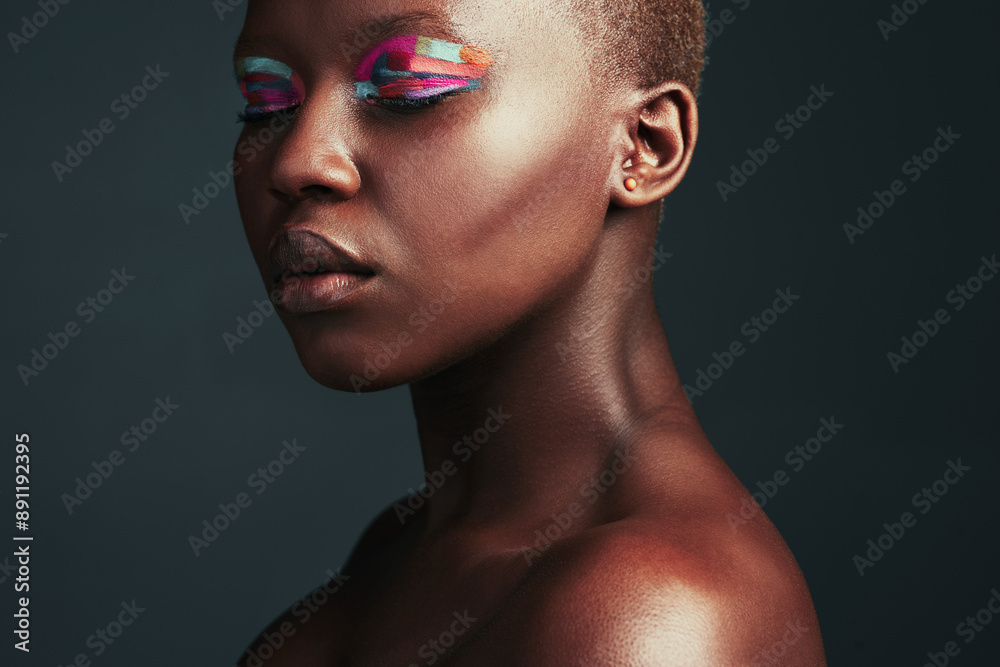 Canvas Prints Color, eyeshadow and black woman with makeup, cosmetics and shine on dark studio background. African person, model and girl with creativity, aesthetic and glow with foundation, dermatology and beauty