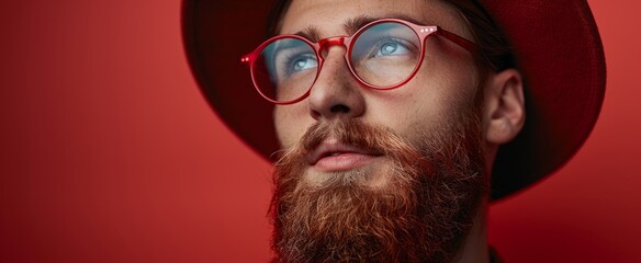 A man with a red hat and glasses looks upwards against a red background