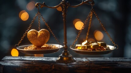 A golden heart and gold bars are balanced on a scale