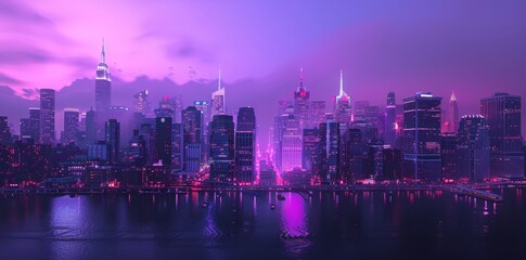 A city skyline at twilight with a purple haze features a captivating urban landscape during the early evening hours when the sky is transitioning from daylight to night.