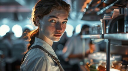 Fototapeta premium Young female chef in a busy kitchen with focused expression. Food preparation. Professional culinary scene. Restaurant ambiance captured vividly.