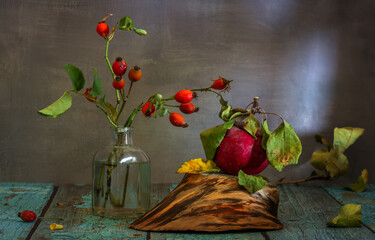 Still life with a bouquet of branches with rose hips and a ripe apple.