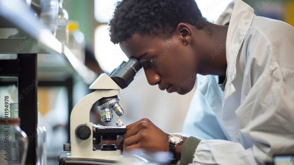 Wall mural student using a microscope in a biology lab class