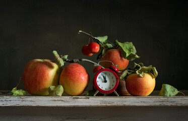 Ripe and tasty apples and a small red alarm clock.