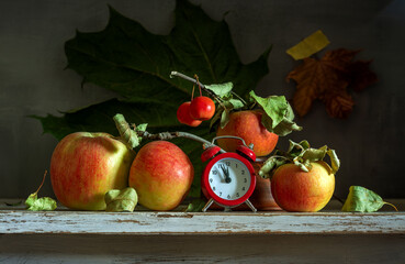 Ripe and tasty apples and a small red alarm clock.