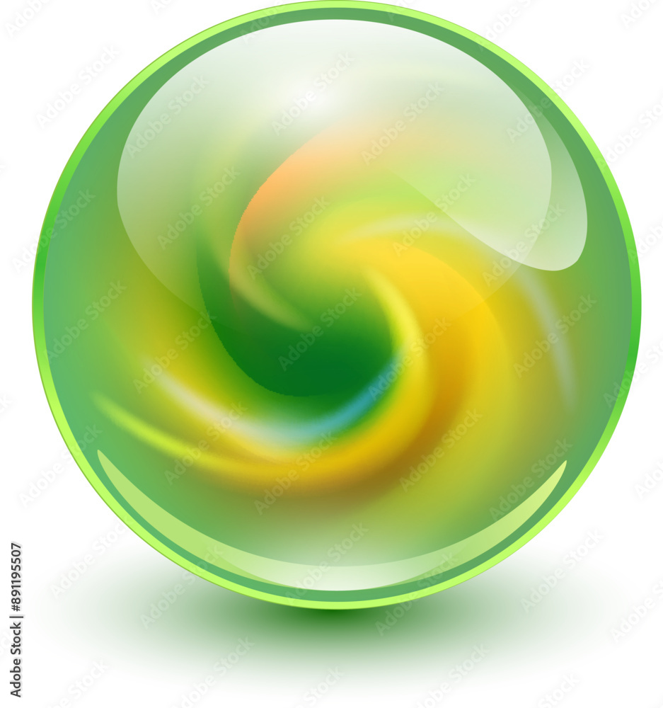 Poster glass ball with abstract spiral shape inside, shiny sphere with interesting marble pattern, 3d illus