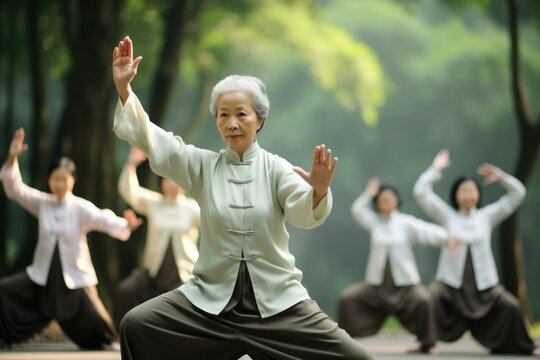 Senior Asian women doing Tai Chi exercise.