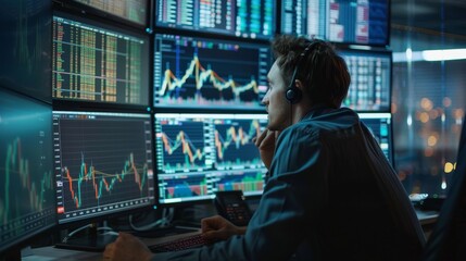 Male financial analyst working on multi monitor