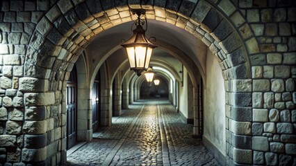 Obraz premium Narrow cobblestone tunnel with arched ceilings, dim lanterns casting a warm, inviting glow, echoing footsteps in the distance.